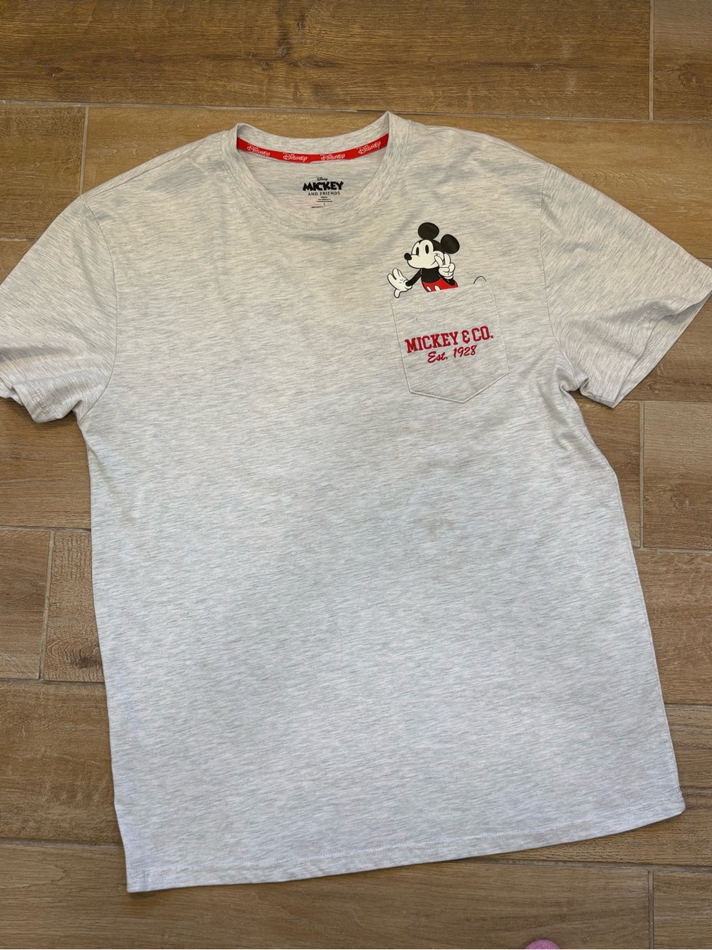 Disney Mickey & Co. Light Gray T‑Shirt with Black and Red Pocket Graphic